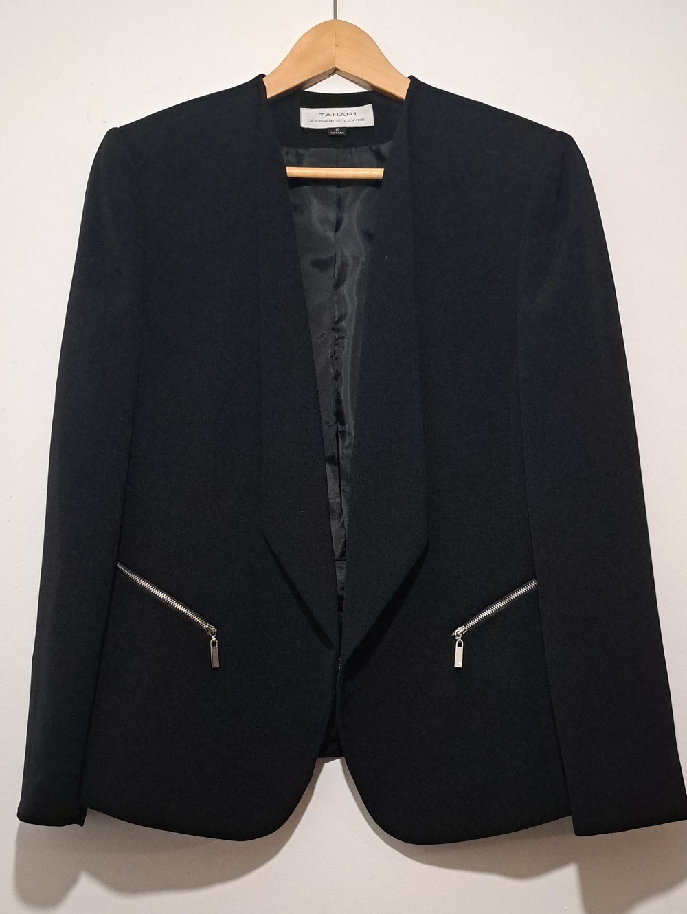 Tahari Black Open-Front Blazer with Silver Zippers